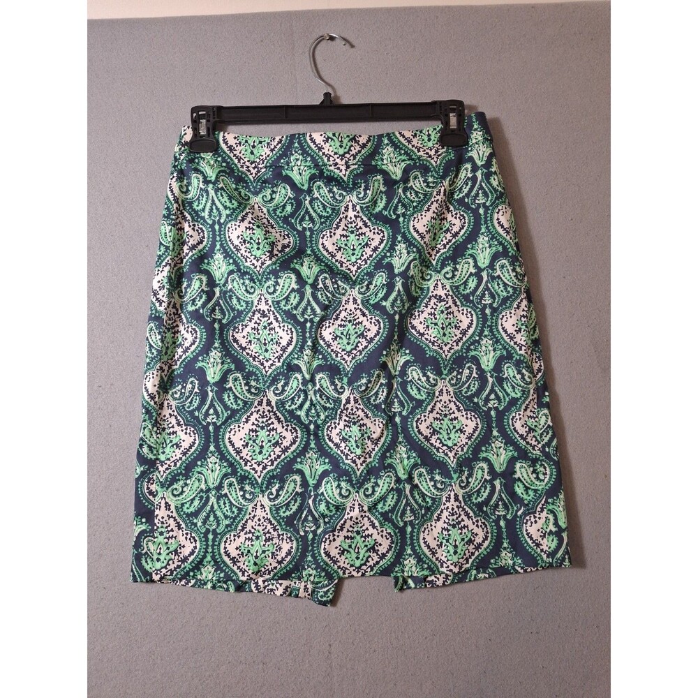J. Crew The Pencil Skirt 8 Green Blue Paisley Damask Stretch Cotton Chino